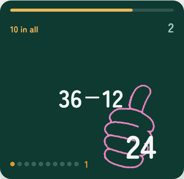 A problem answered on the blackboard, with a pink thumbs-up drawn over the answer