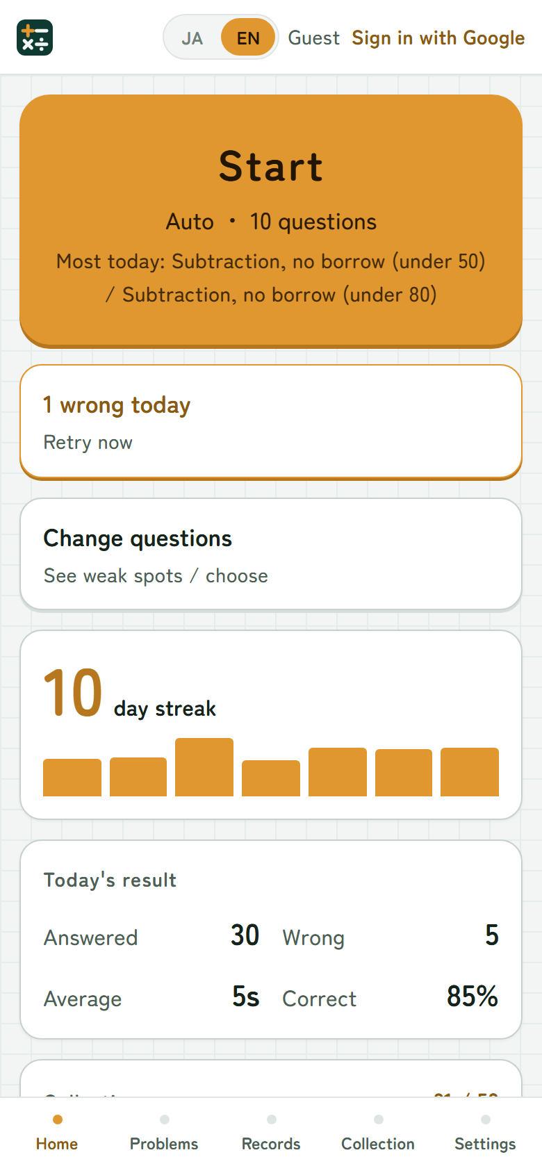 Home screen with a big Start button and a 10-day streak chart
