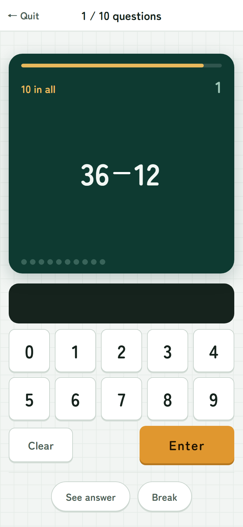 The play screen: a problem on the blackboard, with number keys 0-9 and an Enter button below