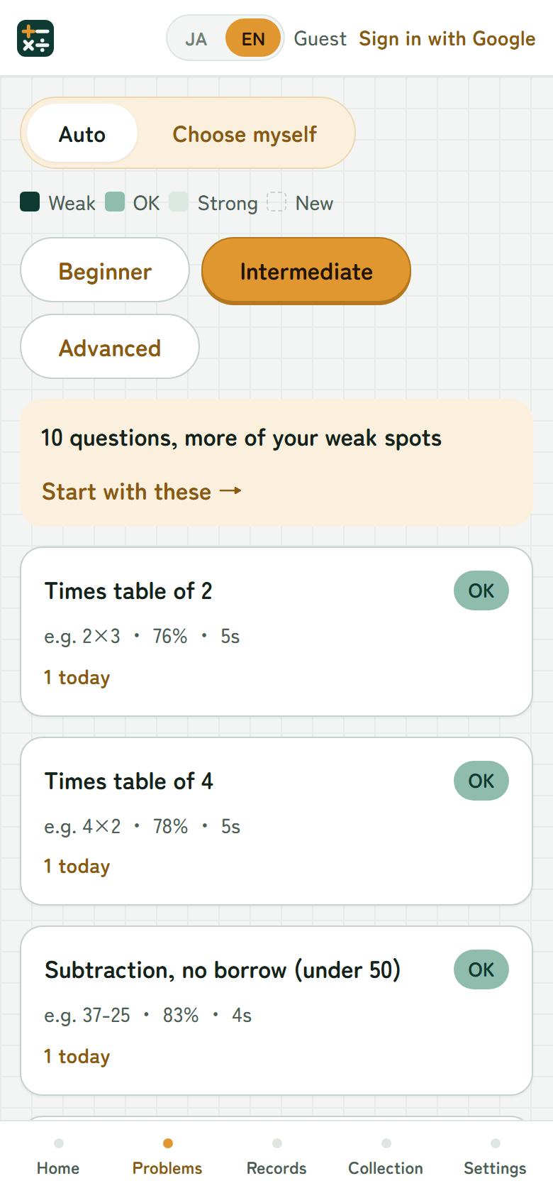 Problem picker: a list of types tagged Weak, Normal, Good and New