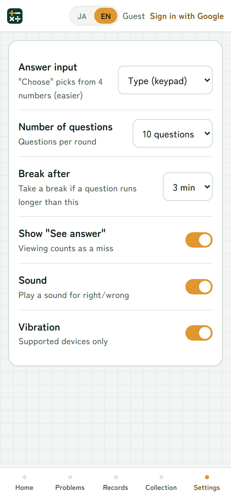 Settings screen: how to answer, number of questions, break time, sound and vibration